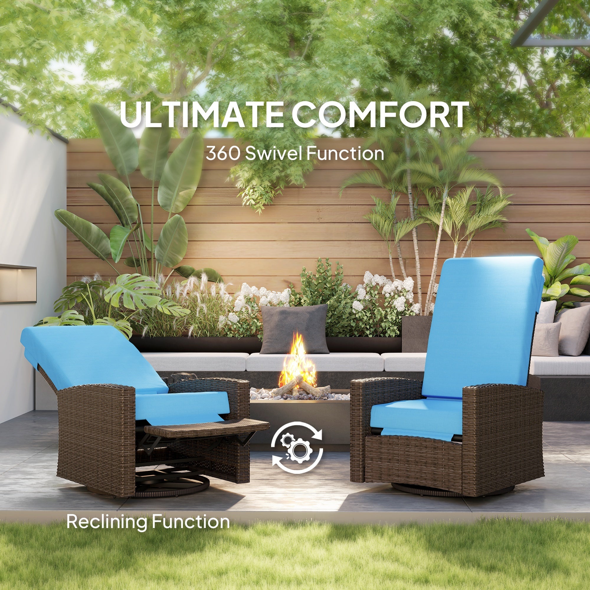 Outdoor Wicker Swivel Recliner Chair, Lifting Footrest, 360 Rotating Basic, Water-resistant Cushions, Sky Blue