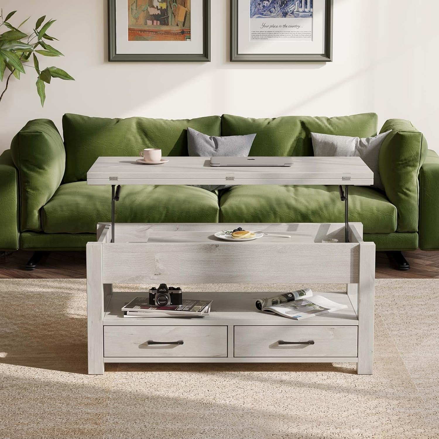 Coffee Table Lift Top, Multi-Function Convertible Coffee Table with Peach Maple