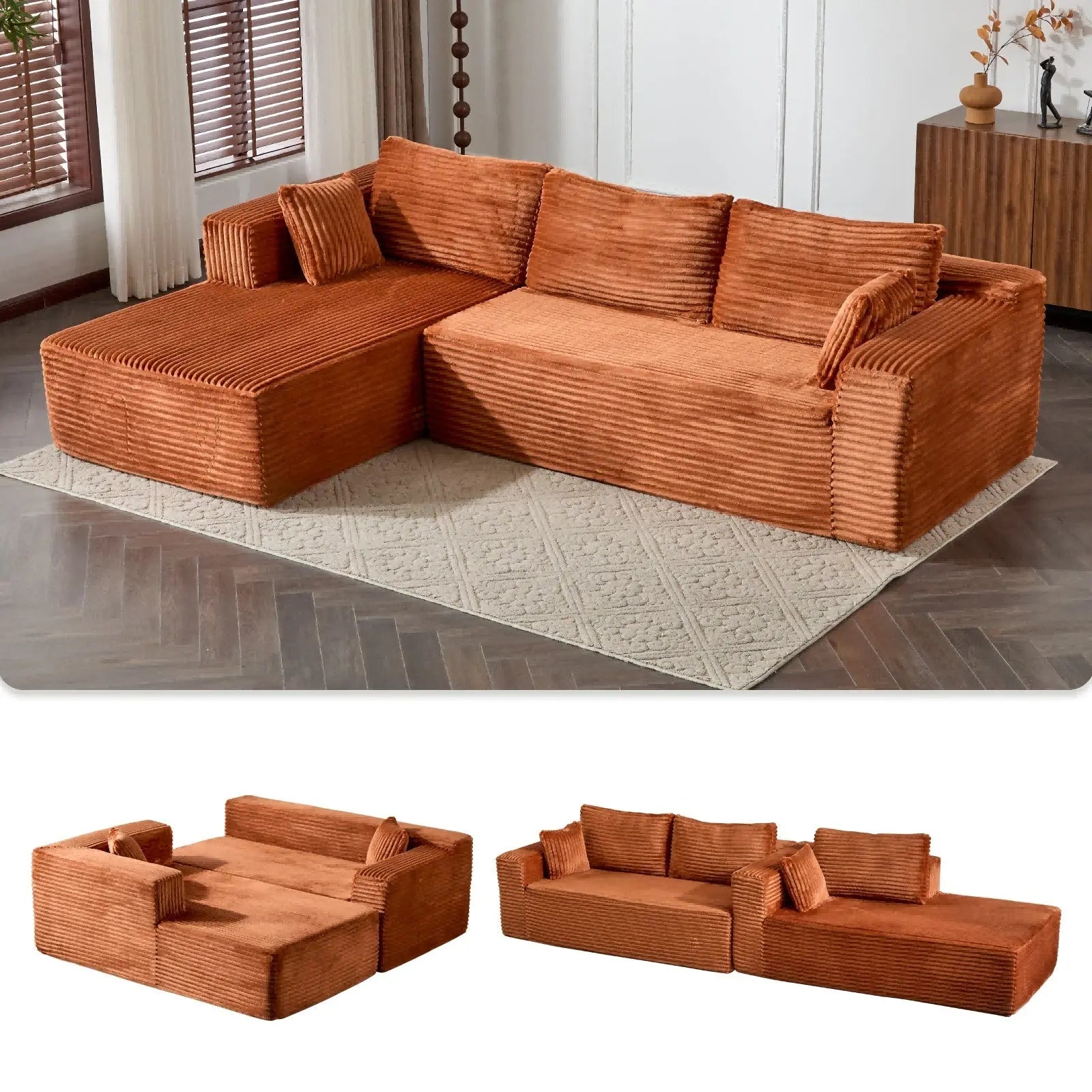 Compression Sectional Couch With Comfy Chaise, Boneless L Shape Sofa Crimson Medea