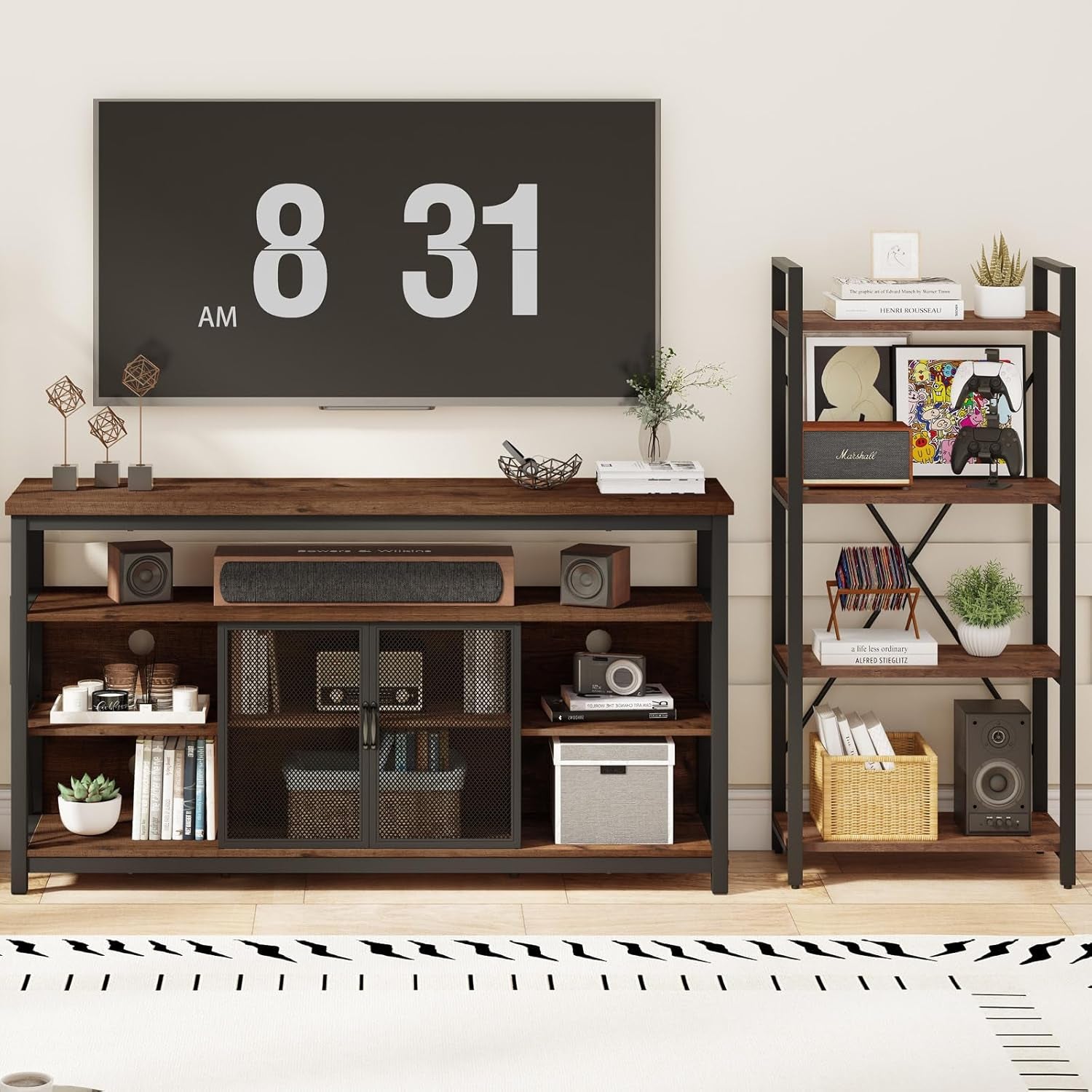 Tall TV Stand for Tvs up to 65 Inch, Industrial Wood Entertainment Peach Maple