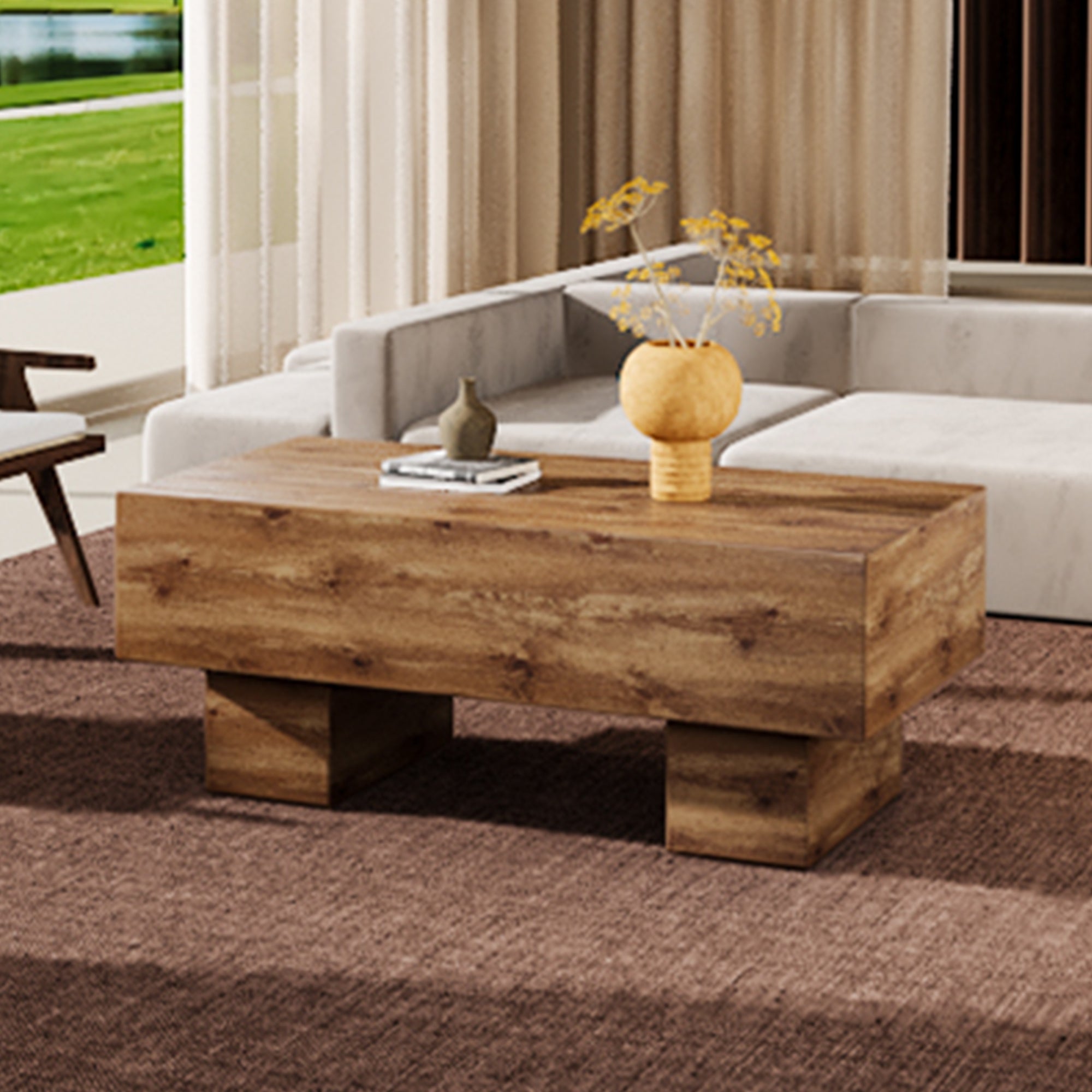 This modern rectangular coffee table features a stylish wood color, Sangria Beech