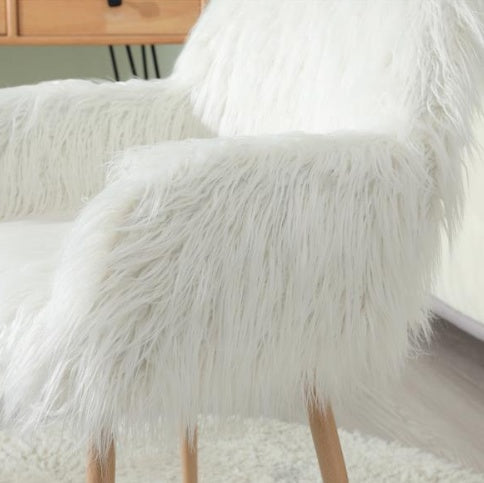 White Faux Fur Upholstered Make-up Chair With Side Dining Chair With Metal Legs