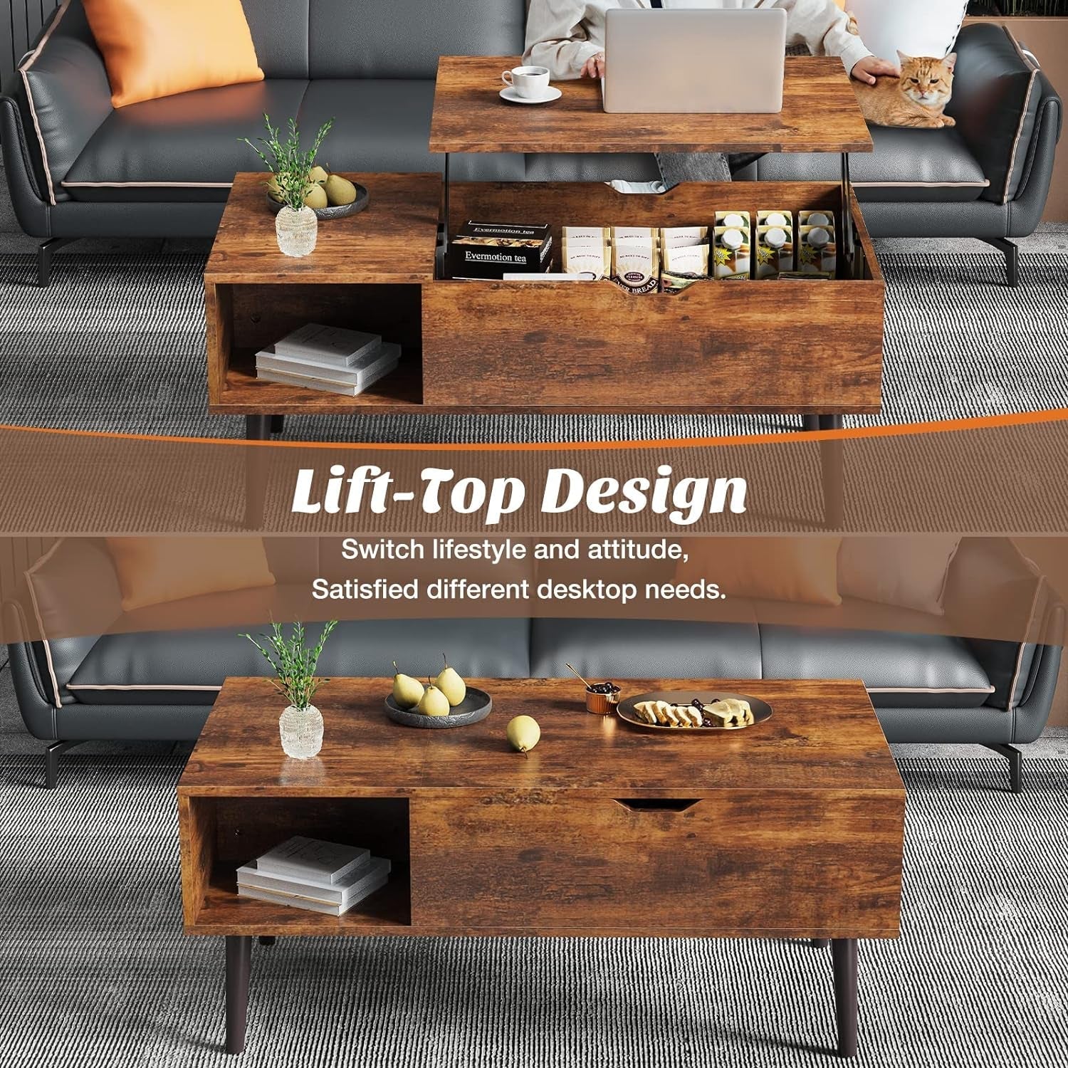 Coffee Table, Lift Top Coffee Tables for Living Room, Small Rising Peach Maple