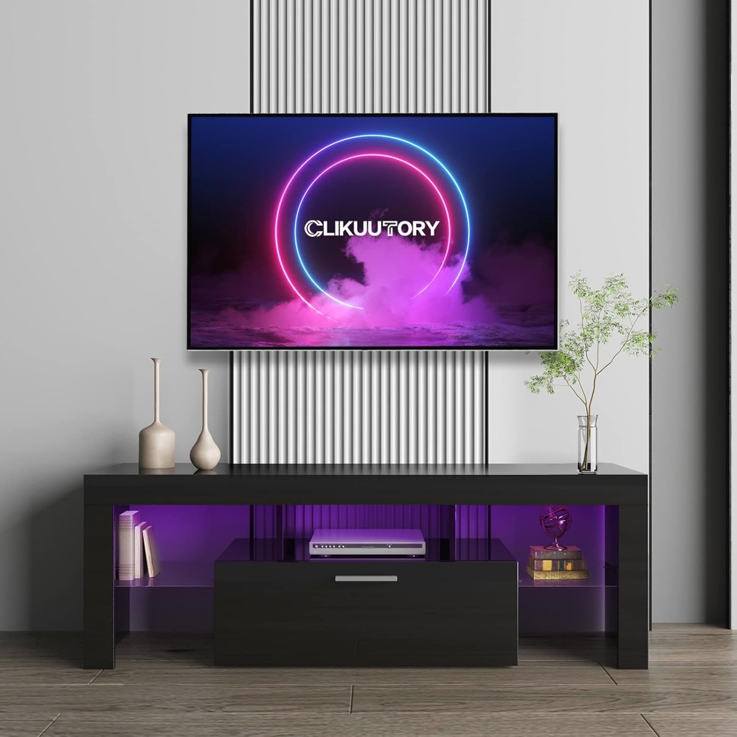 Black LED TV Stand with Large Storage Drawer for 32 40 50 55 Inch Tvs, Peach Maple