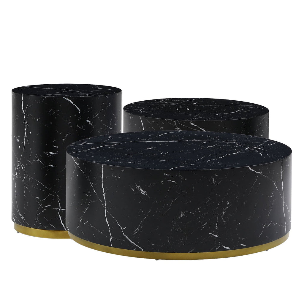 Set of 3 Black Marble Pattern  Round Coffee Table side Table End Table Olive Phaedra
