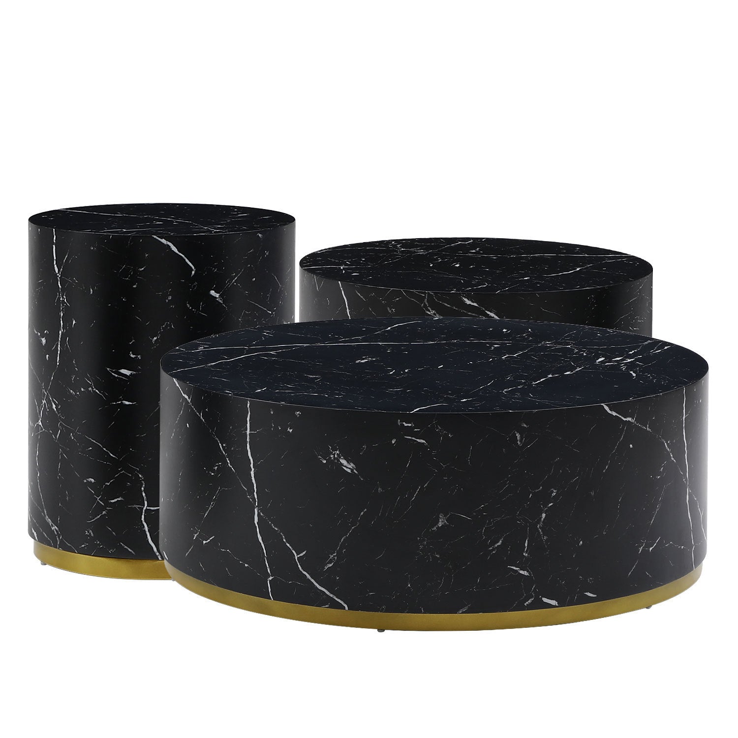 Set of 3 Black Marble Pattern  Round Coffee Table side Table End Table Olive Phaedra