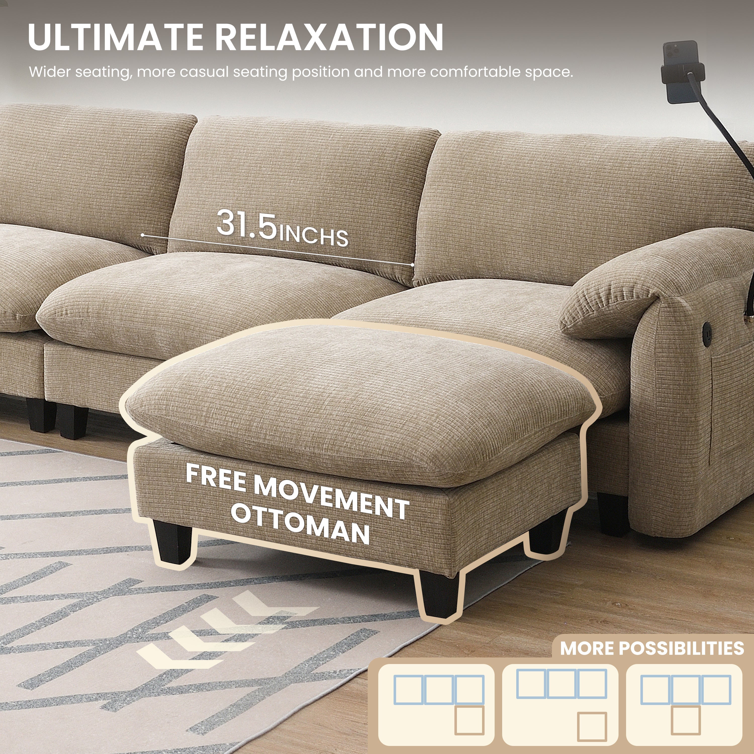 108' Modular Sectional Sofa, L-Shape with 31.5' Extra-Wide Seat