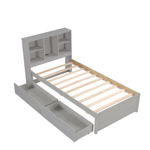 Modern Twin Size Bed Frame With Built-in USB Port On Bookcase Headboard And 2 Drawers For Grey Color