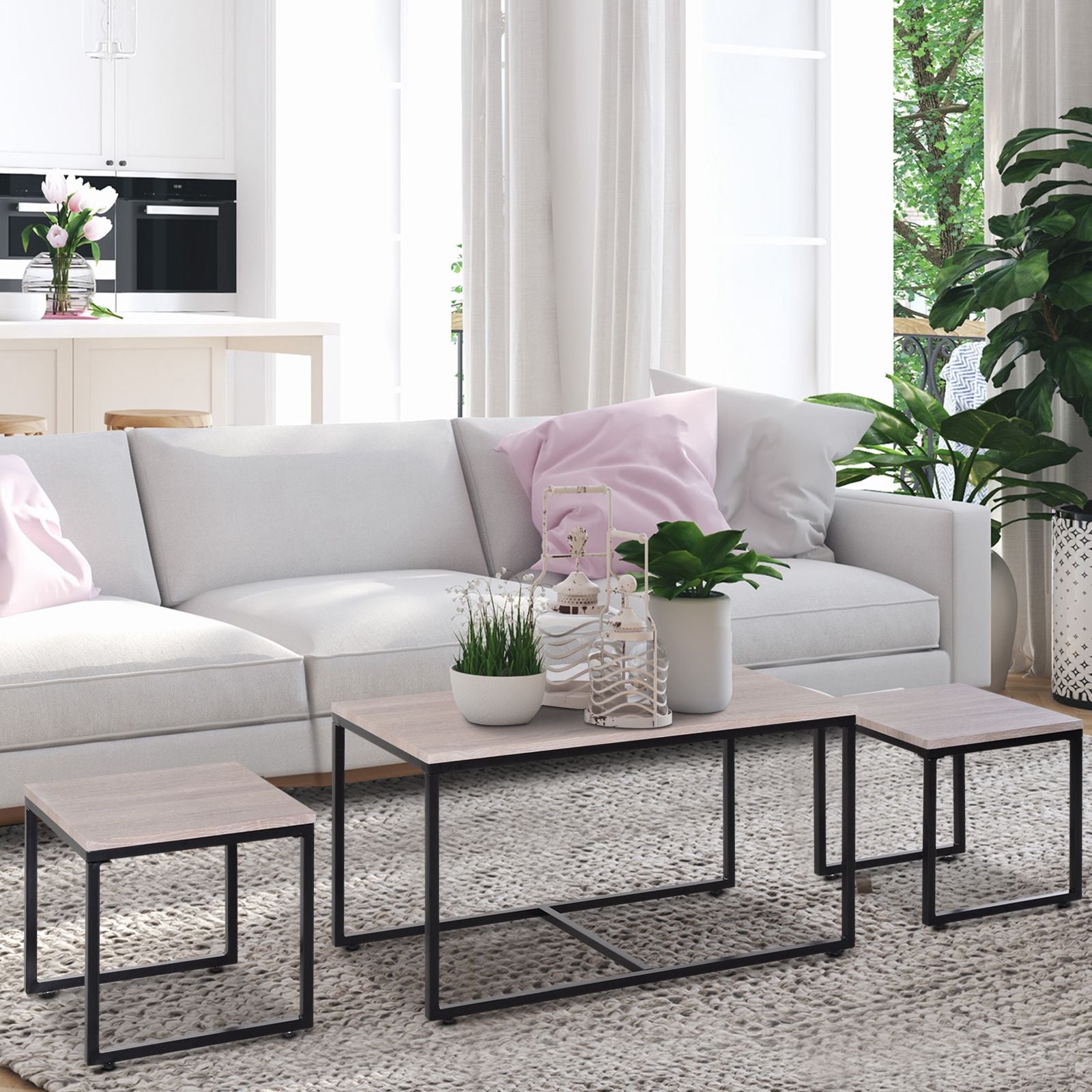 HOMCOM 3 PCs Nesting Table Coffee Table Set End Table Nightstand Taupe Shadow