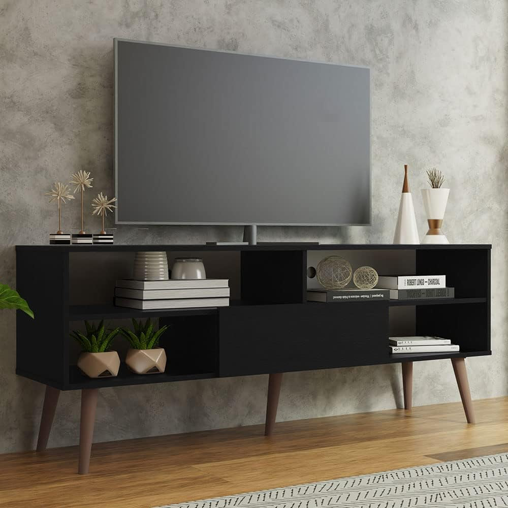 Modern TV Stand with 1 Door and 4 Shelves with Cable Management for Peach Maple