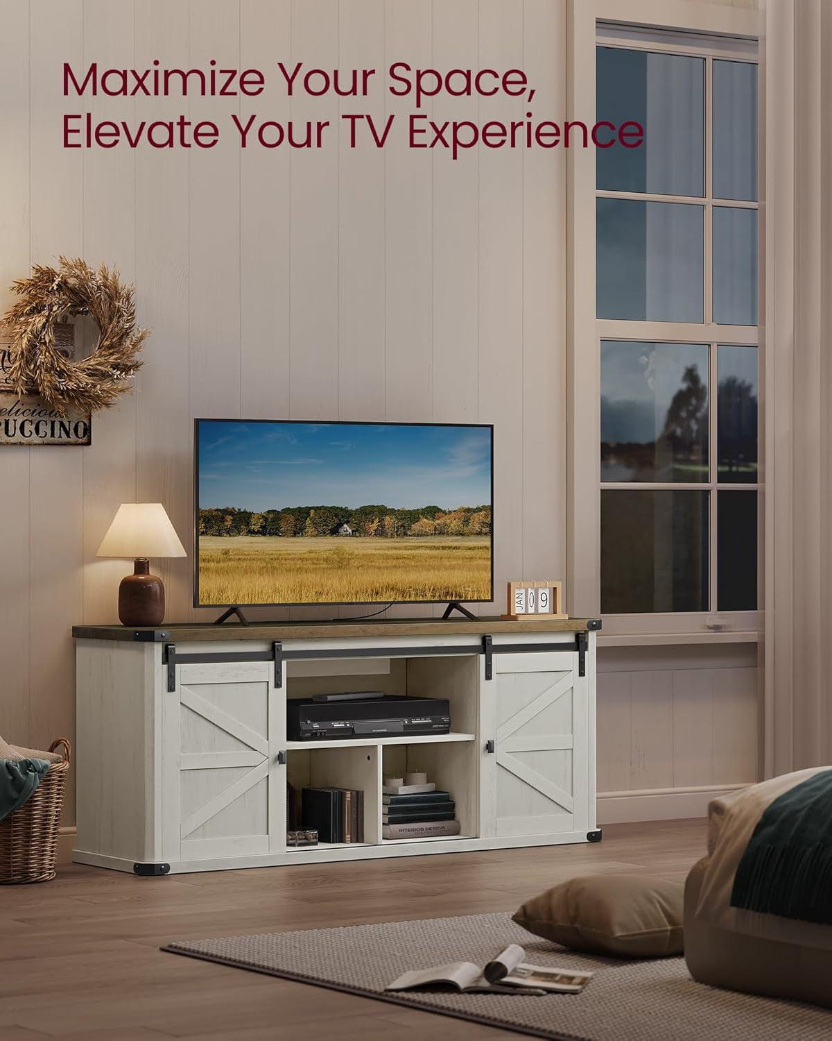TV Stand for Tvs up to 65 Inches, Farmhouse Entertainment Center with Peach Maple