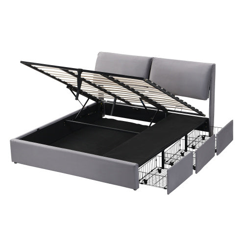 Upholstered Bed,King Size Bed-5ftm  150x200cm, Hydraulic Bed, Three Drawers, Bed Box For Storage, Slatted Frame With Headboard, Without Mattress, Velvet, Grey