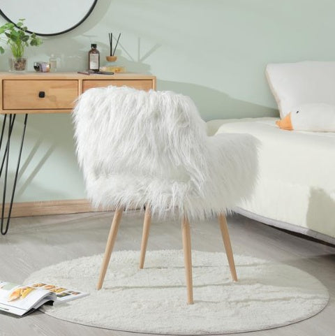 White Faux Fur Upholstered Make-up Chair With Side Dining Chair With Metal Legs