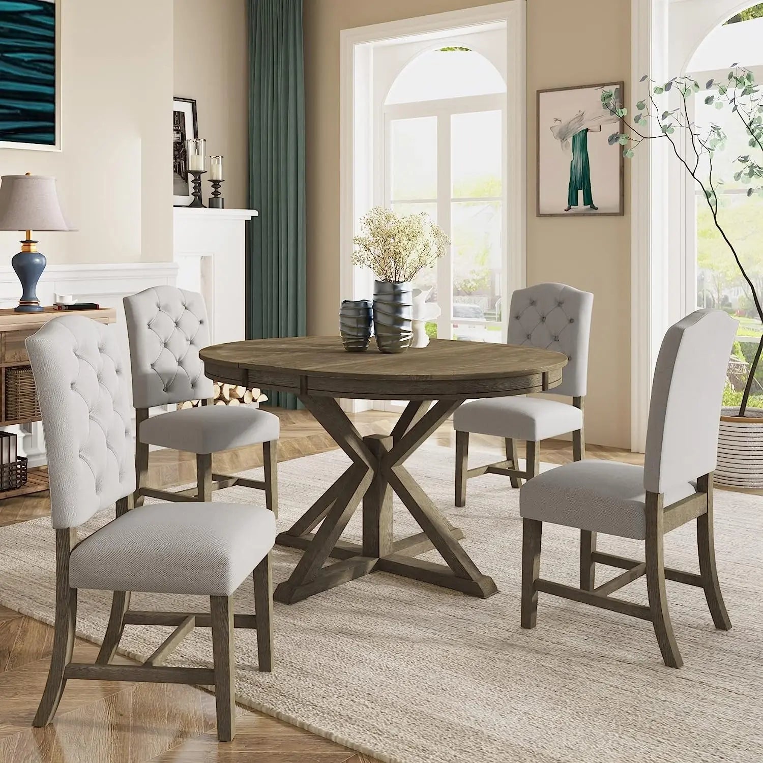 Farmhouse 5-Piece Dining Table Set with Extendable Table and 4 Peach Maple