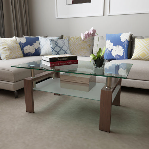 Rectangle Walnut Glass Coffee Table, Clear Coffee Table, Modern Side Center Tables For Living Room CJDropshipping