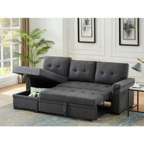 Dark Gray Linen Reversible Sleeper Sectional Sofa With Storage Chaise CJDropshipping