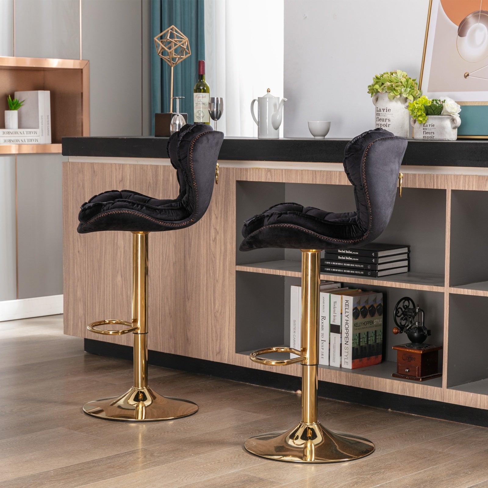 Set Of 2 Bar Stools Chrome Base, Swivel, Adjustable Height, Velvet