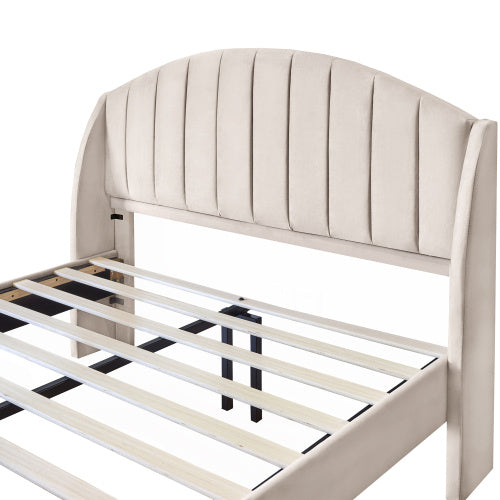 Upholstered Bed,Double Bed-4ft6 135x190cm,with Slatted Frame And Headboard, Youth Bed, Wooden Slatted Support, Easy Assembly, Velvet, Beige