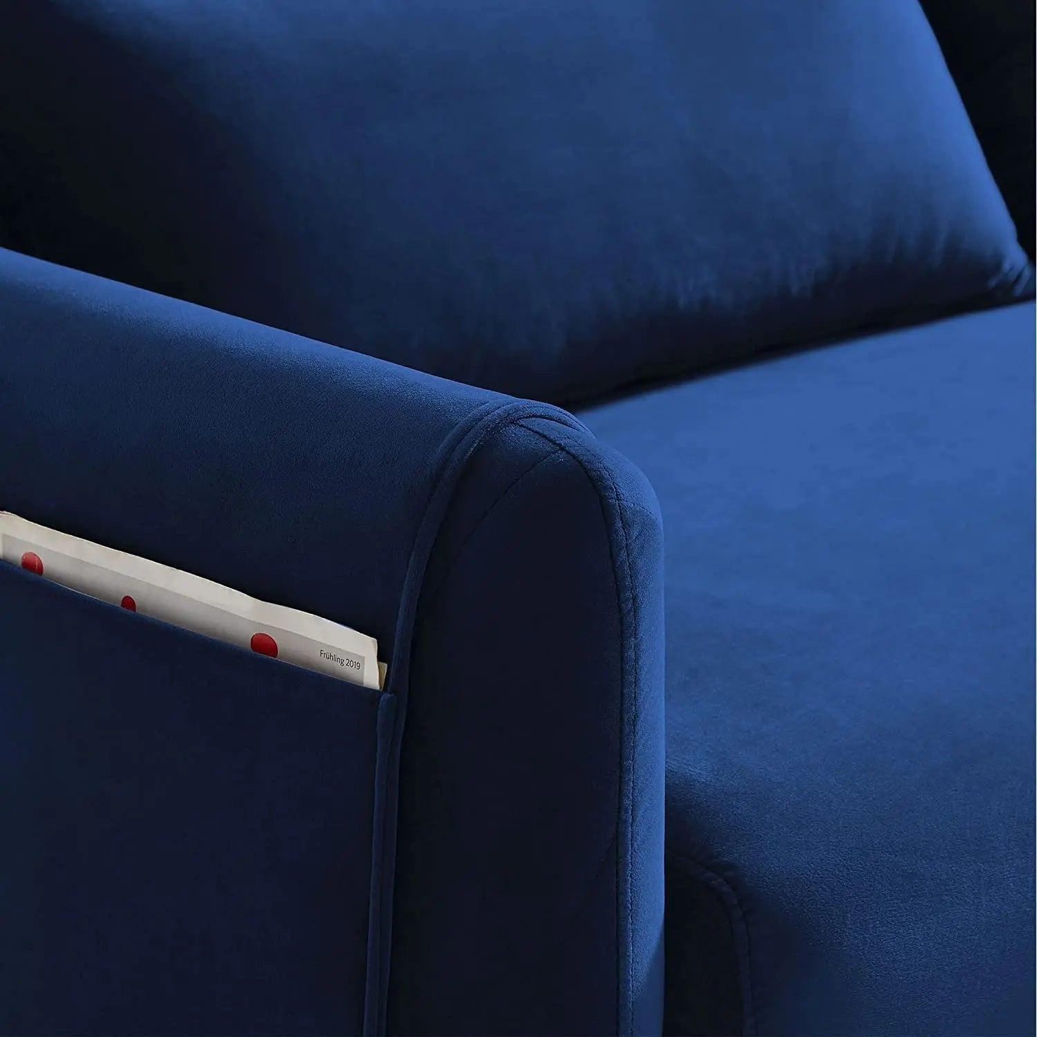 Blue Velvet Convertible Sofa Bed with Adjustable Backrest Peach Maple