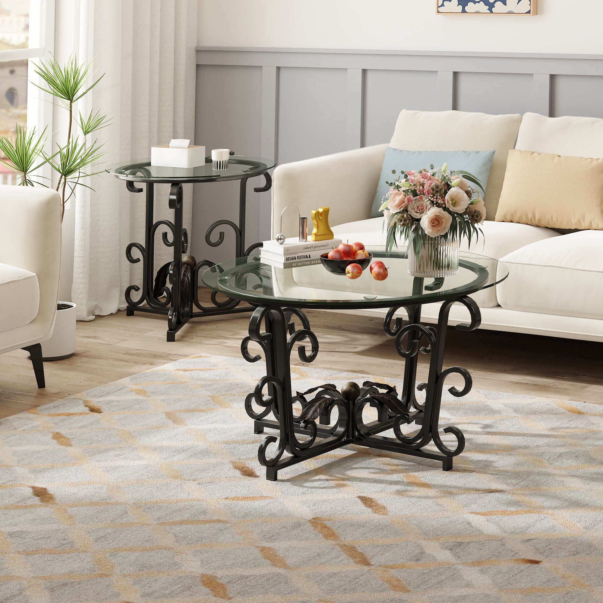 3-Piece Coffee Table Set, Tempered Glass Surface With Sturdy Metal Frame - Modern Living Room Sets 1 Coffee Table 2 End Tables, Scratch-Resistant & Easy To Clean For Small Spaces, Apartments
