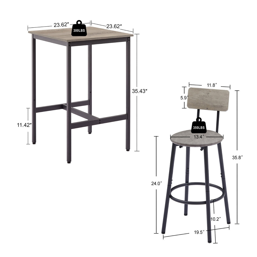 Bar Table Set With 2 Stools, PU Soft Seat & Backrest, Grey, 23.62 W X 35.4 H