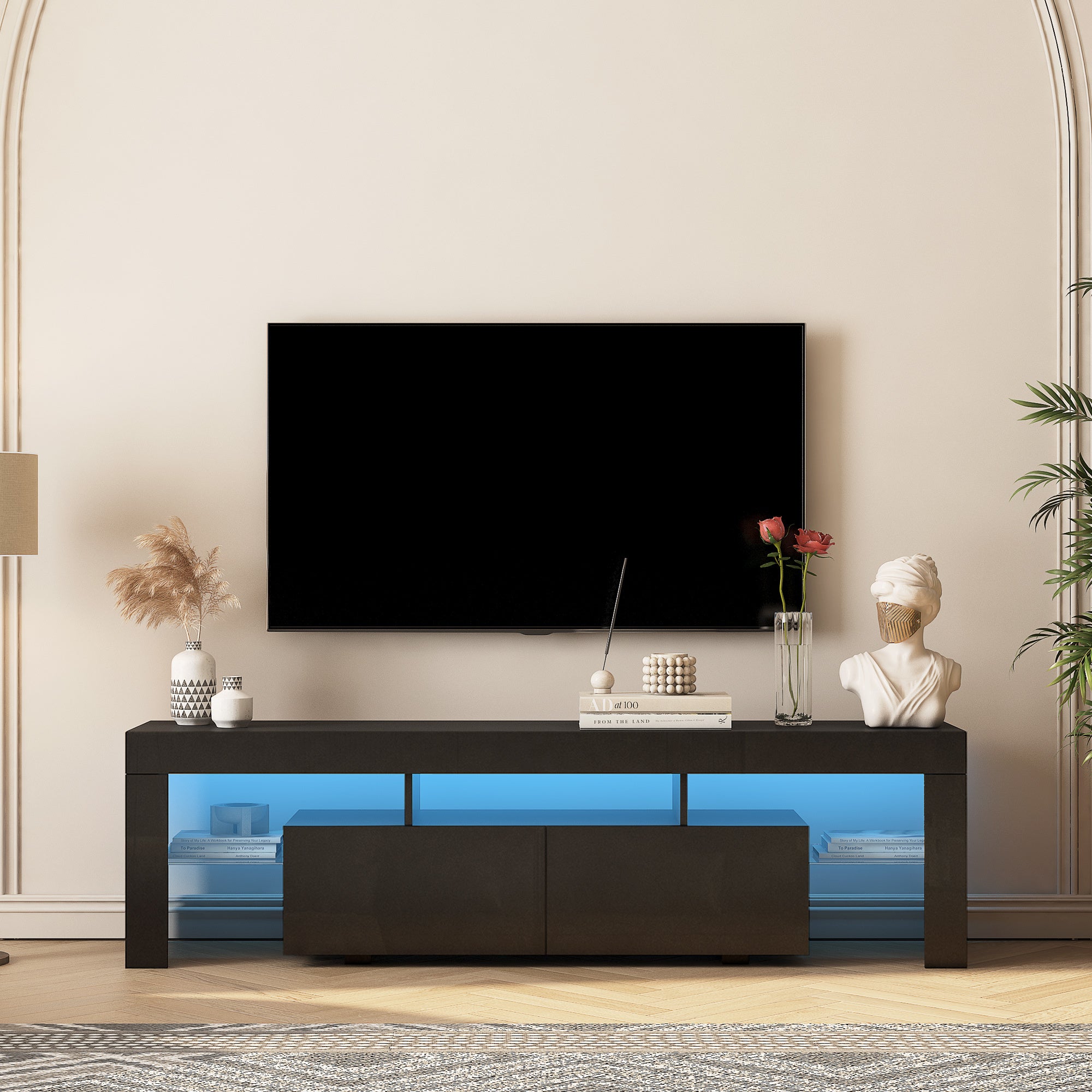 High Gloss TV Stand With LED Lights For TVs Up To , Modern TV Console With Storage Cabinets For Living Room,Black