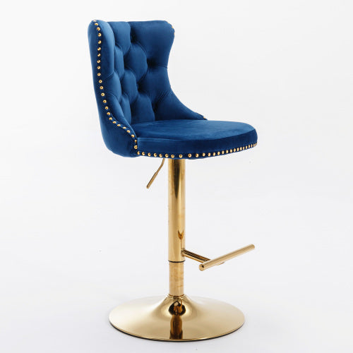 Golden Swivel Velvet Barstools Adjusatble Seat Height From 25-33 Inch Blue,Set Of 2