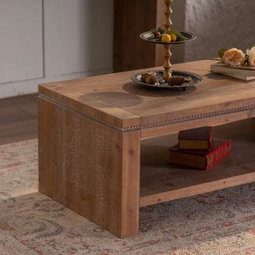 Rectangle Coffee Table With Solid Wood For Living Room, Large 2-Tier Rustic Coffee Table With Storage Shelf, Office And Apartment, Easy Assembly CJDropshipping