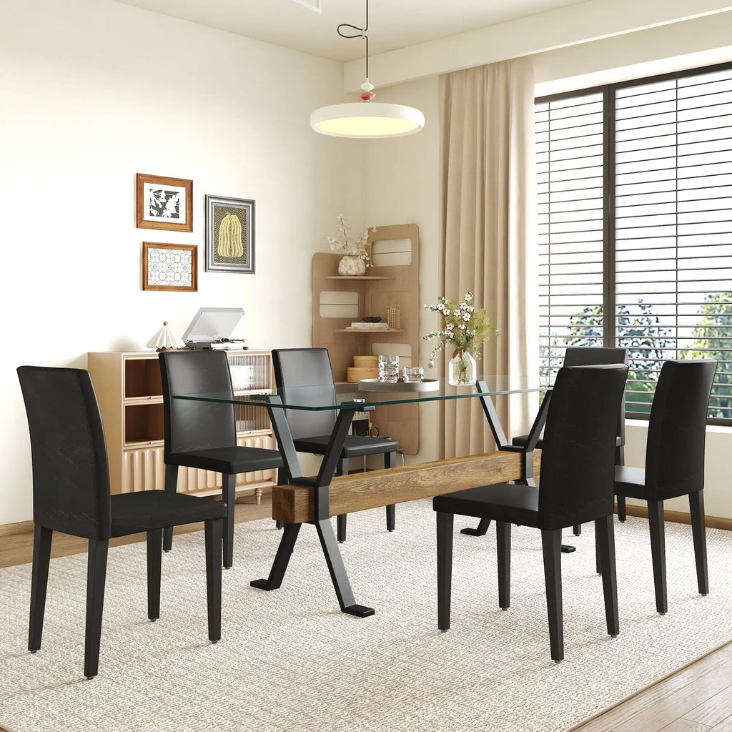 Table and chair set.79'x31.5' Inch Tempered Glass Tabletop With Sangria Beech
