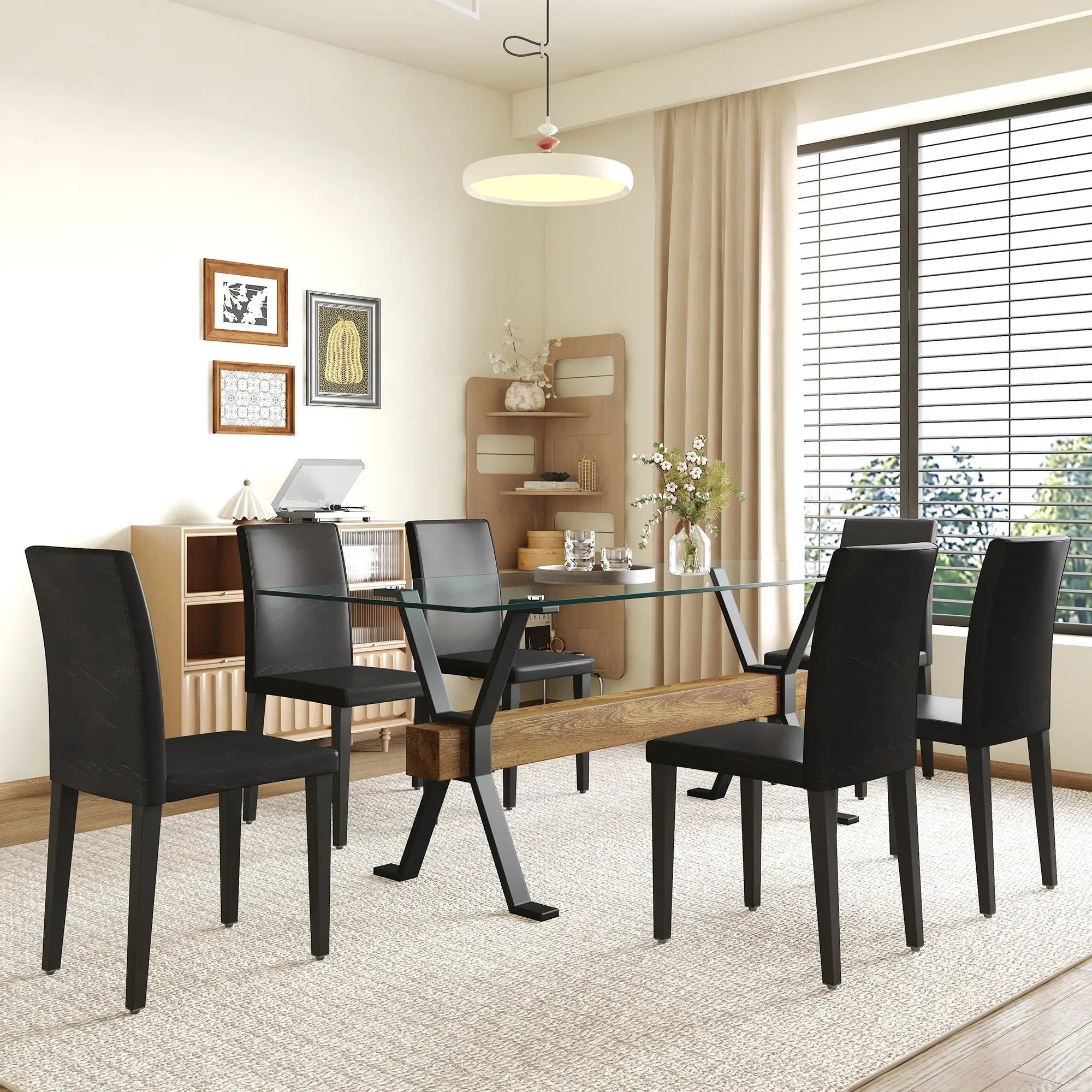 Table and chair set.79'x31.5' Inch Tempered Glass Tabletop With Sangria Beech