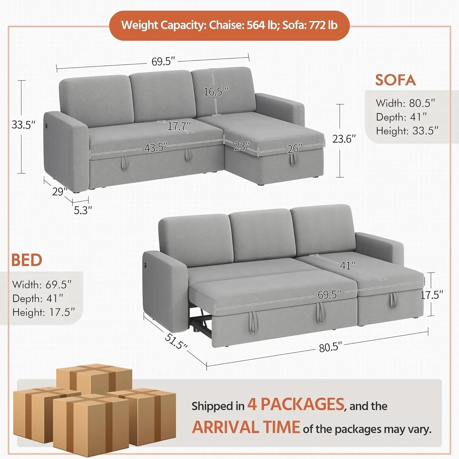Light Gray L-Shaped Sleeper Sectional, USB, Storage Peach Maple