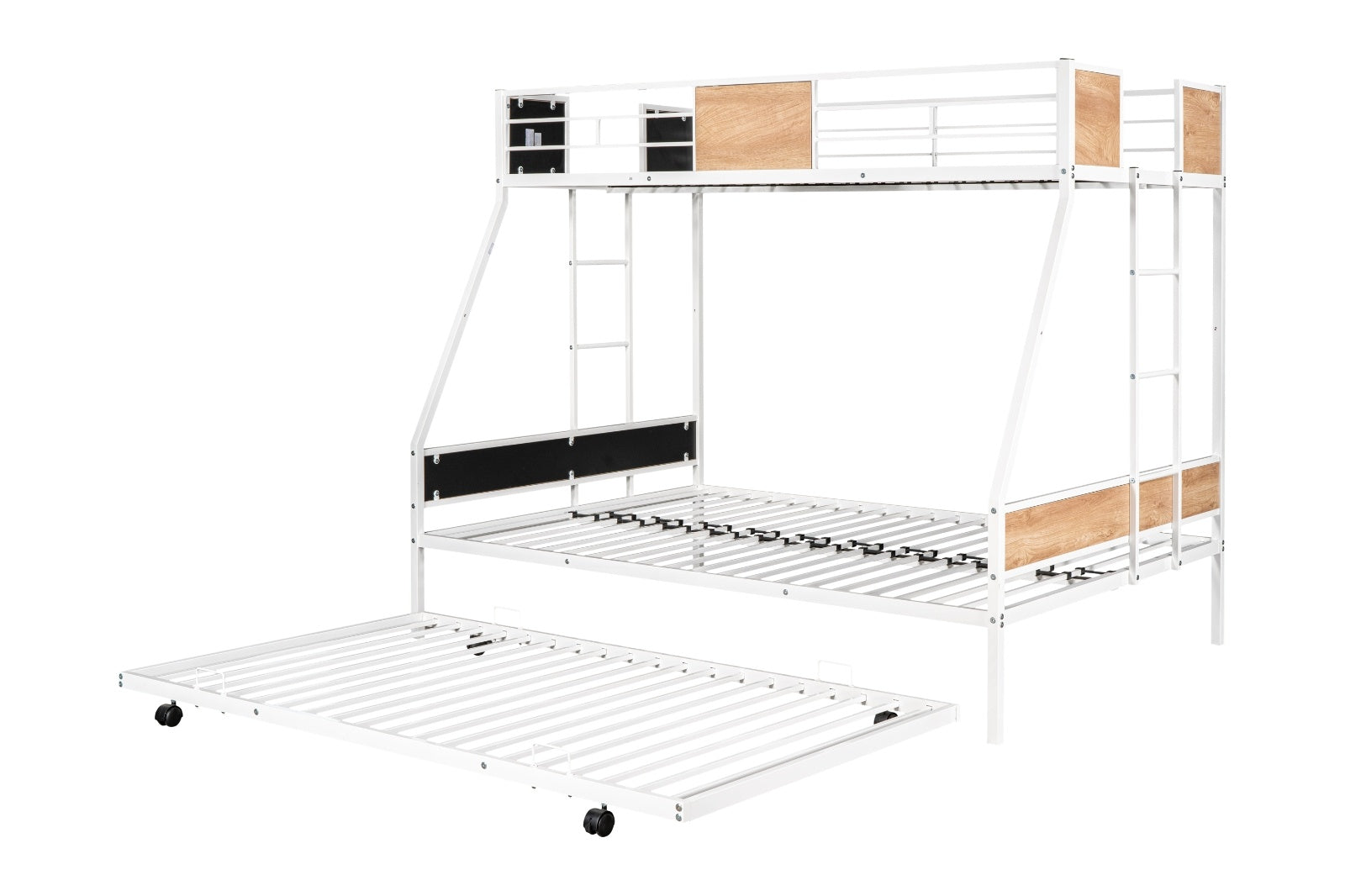 Metal Twin Over Full Bunk Bed With Trundle, Heavy-Duty, Noise Reduced, Guardrail