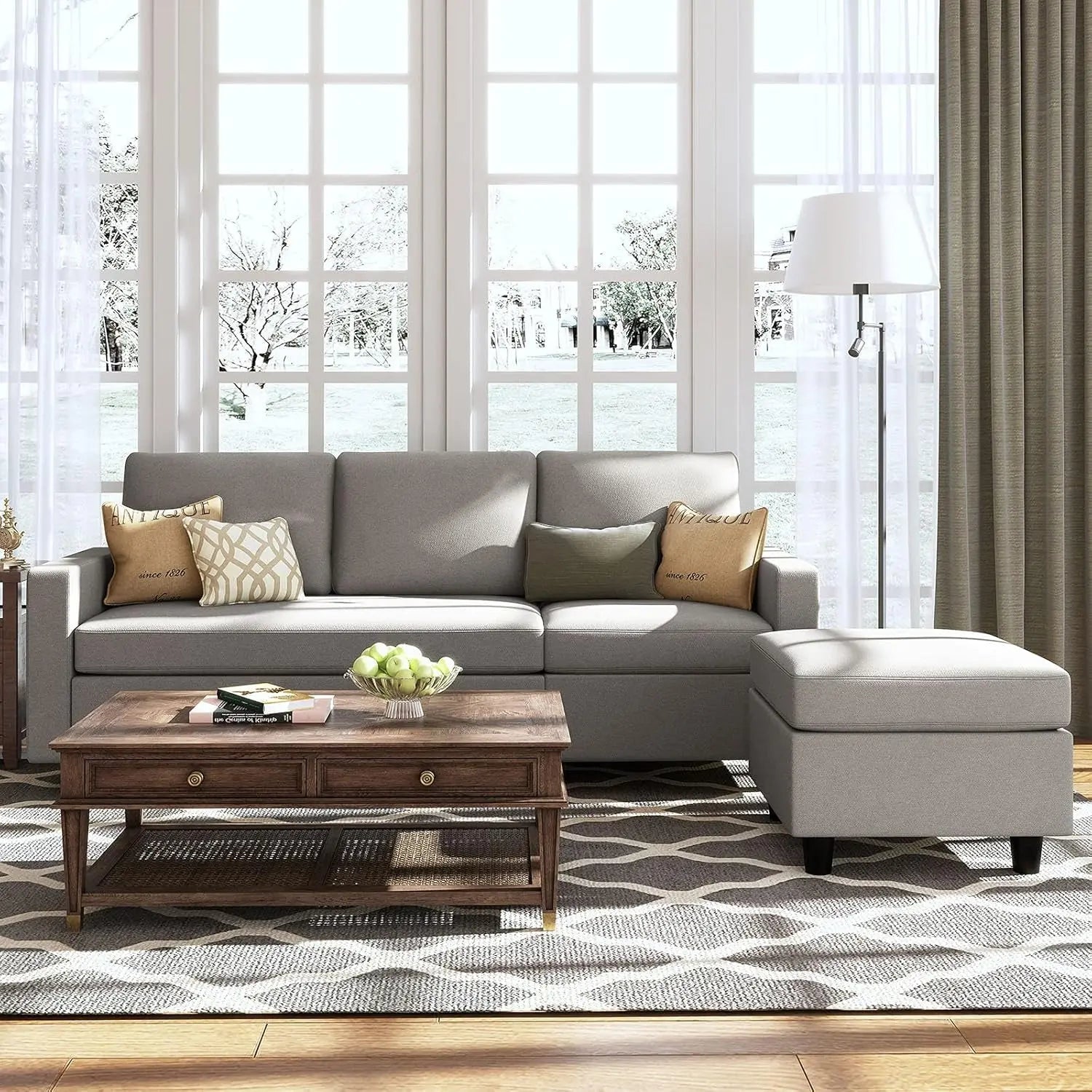 Light Grey Linen Convertible L-Shaped Sectional Sofa Peach Maple