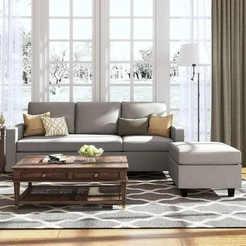 Light Grey Linen Convertible L-Shaped Sectional Sofa Peach Maple