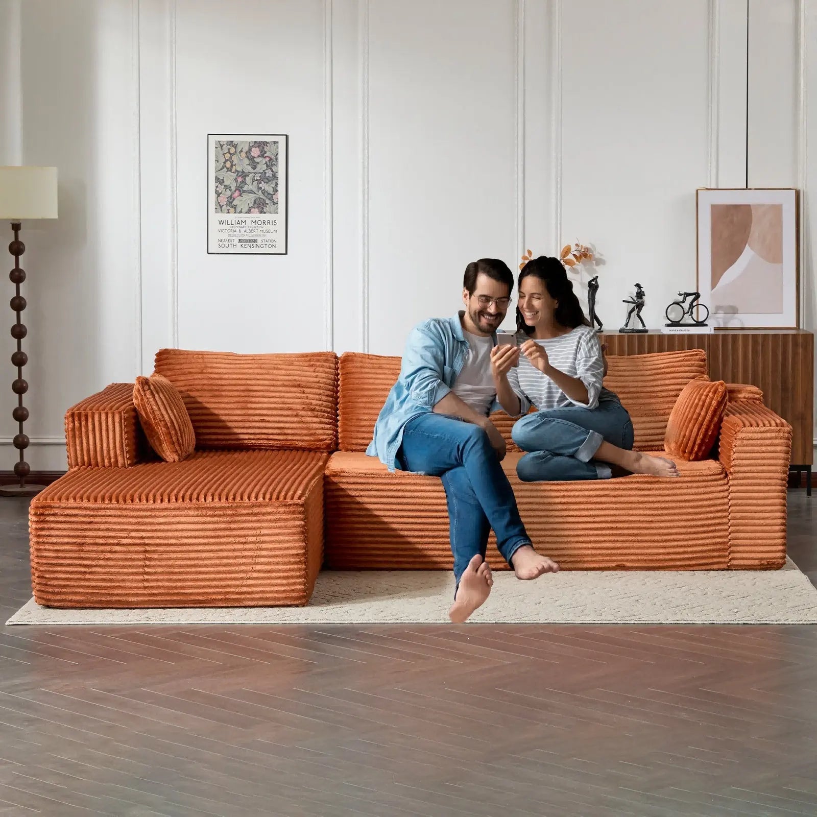 Compression Sectional Couch With Comfy Chaise, Boneless L Shape Sofa Crimson Medea