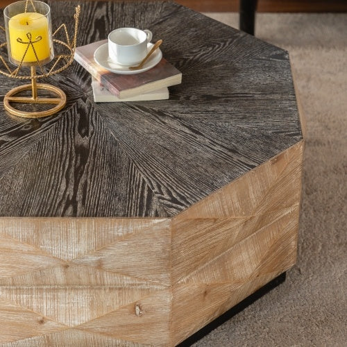 Octagon Coffee Table,38 Retro Style Wood Center Table With Three-Dimensional Embossed Pattern,Rustic Cocktail Table Center Large Circle Coffee Table For Living Room Home CJDropshipping