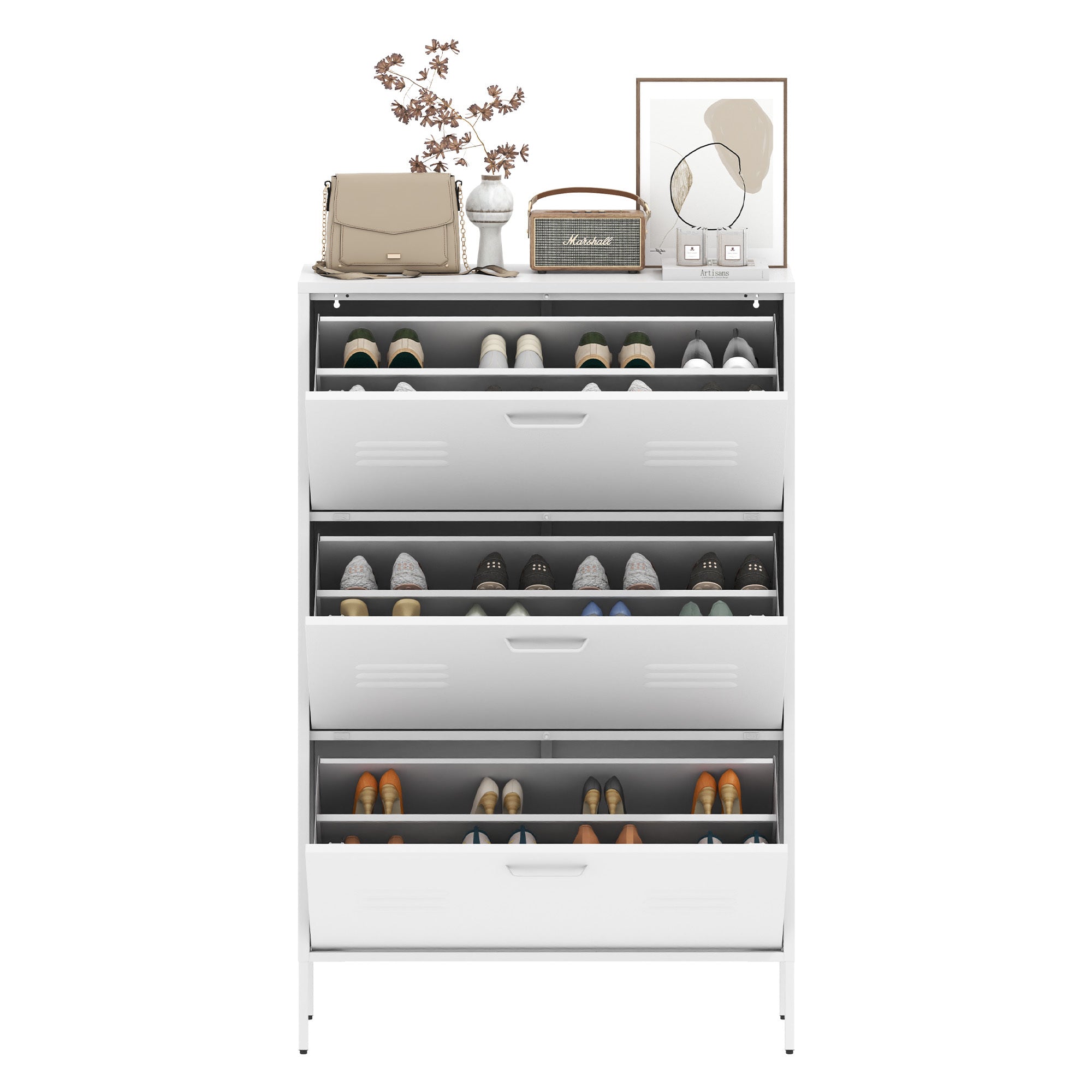 Shoe Storage Cabinet With 3 Flip Drawers, Freestanding Shoe Cabinet Organizer With Metal  Frame For Entryway, Hallway, Foyer, White