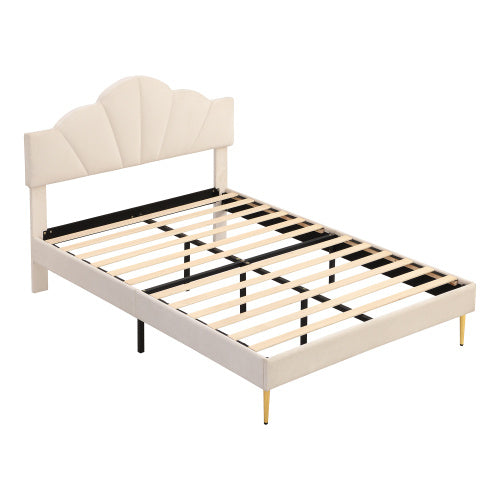 Velvet Upholstered Bed,Double Bed-4ft6 135x190cm, Shell-like Bed With Golden Iron Legs, Height-adjustable Headboard, Wooden Slatted Frame, Beige