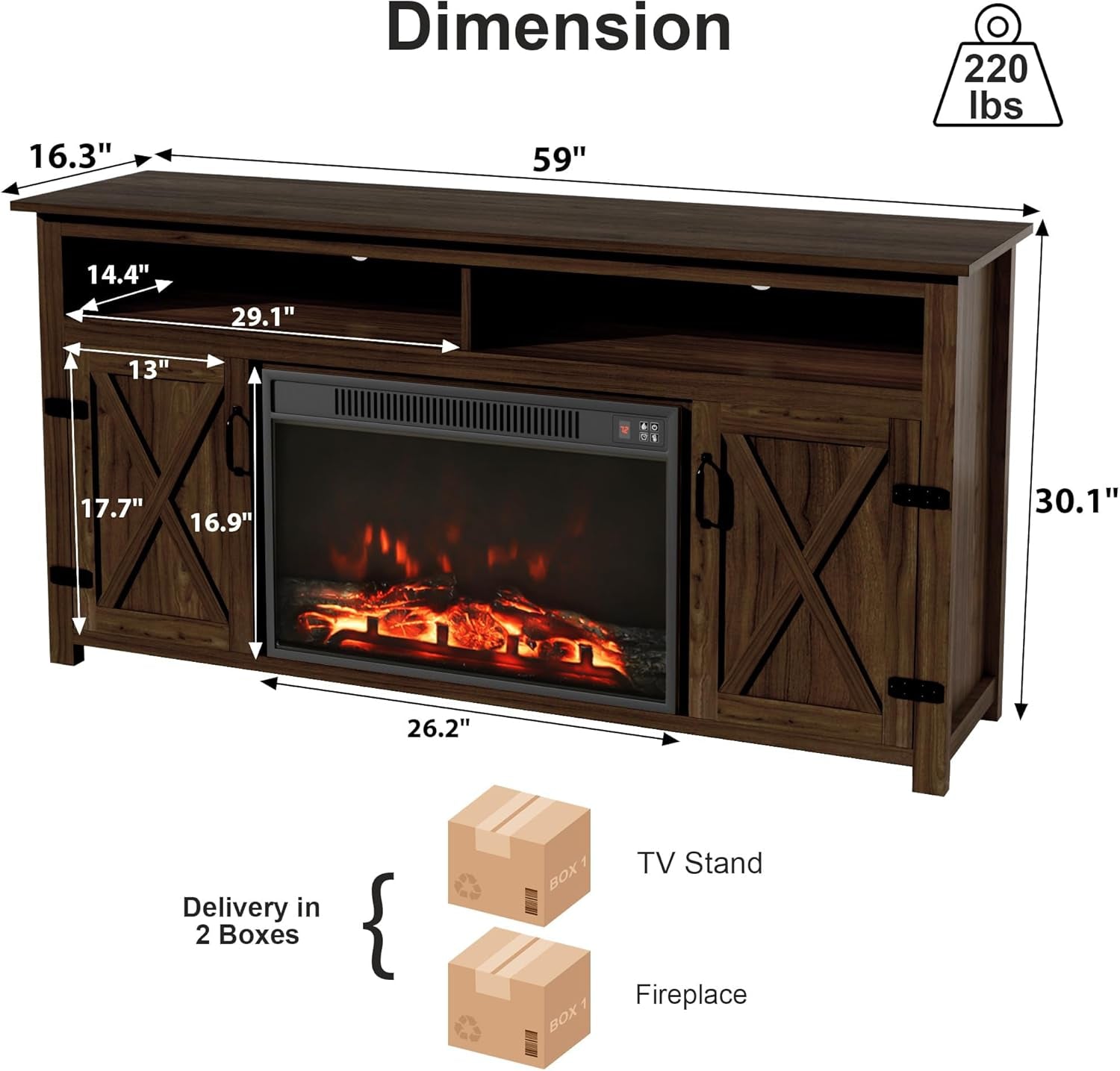 Farmhouse Fireplace TV Stand for Tvs up to 65 Inch Highboy Peach Maple