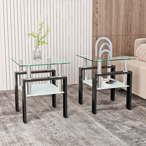 Set Of 2, Modern Tempered Glass Tea Table Coffee Table End Table, Square Table For Living Room, Transparent Black CJDropshipping