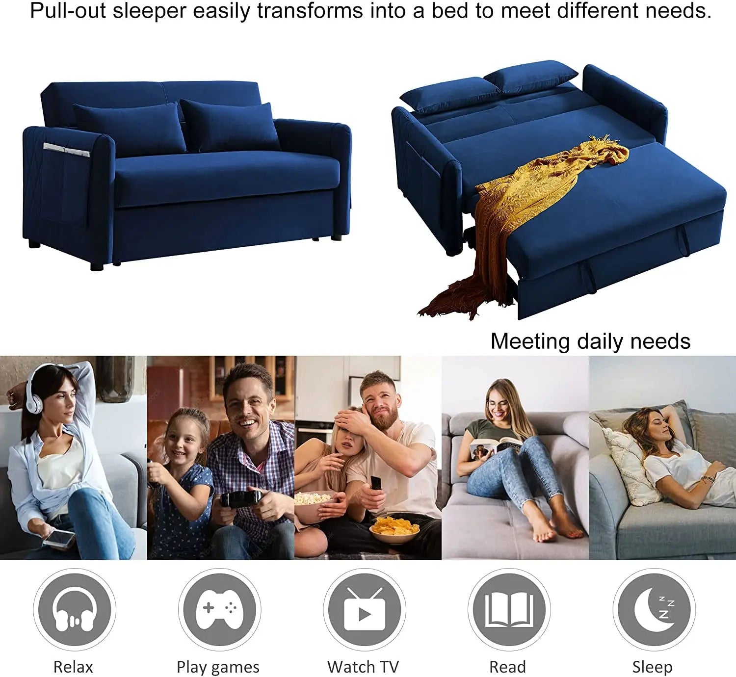 Blue Velvet Convertible Sofa Bed with Adjustable Backrest Peach Maple