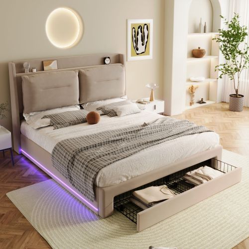 Upholstered Bed, 150x200 5ft King Size Bed, Hydraulic Bed, 2-in-1 Storage Drawers At The End Of The Bed, Recessed LED Light Strips On Both Sides Of The Bed, Slatted Frame, Velvet,Dark Gray