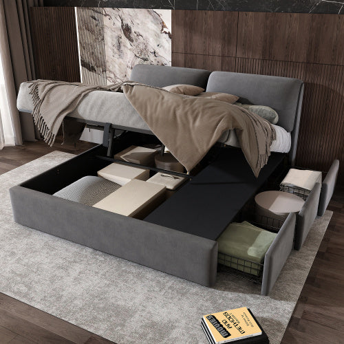 Upholstered Bed,King Size Bed-5ftm  150x200cm, Hydraulic Bed, Three Drawers, Bed Box For Storage, Slatted Frame With Headboard, Without Mattress, Velvet, Grey