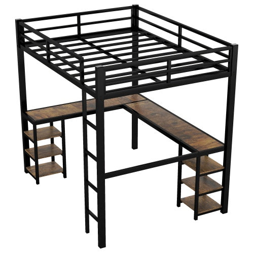 Full Metal Loft Bed With Desk And Shelves, Loft Bed With Ladder And Guardrails, Loft Bed Frame For Bedroom