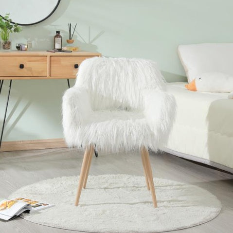 White Faux Fur Upholstered Make-up Chair With Side Dining Chair With Metal Legs