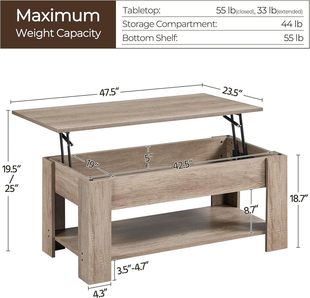 Lift Top Coffee Table with Hidden Compartment and Storage Shelf, Peach Maple