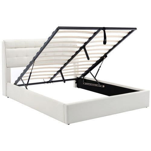 Fashion Upholstered Bed,150x200  5ft, King Bed,Hydraulic Bed,Concealed Headboard Storage,Bed Box Storage,PU,With Slats And Headboard,Without Mattress,Cream White