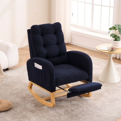 LY-5104 Caramel Accent Rocking Chair With Footrest High Back Rubber Wood Rocking Legs Bedroom Living Space 26.77D X 38.36W X 39.76H Inch