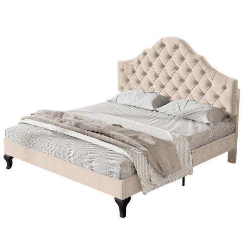 Upholstered Bed With Slatted Frame And Headboard, 4ft6 Double Bed,135x190,Upholstered Bed With Height-adjustable Headboard, Youth Bed, Wooden Slat Support, Easy Assembly, Velvet, Beige