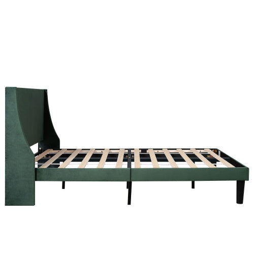 Double Bed Velvet Dark Green 4FT6 Upholstered Bed With Winged Headboard, Wood Slat Support